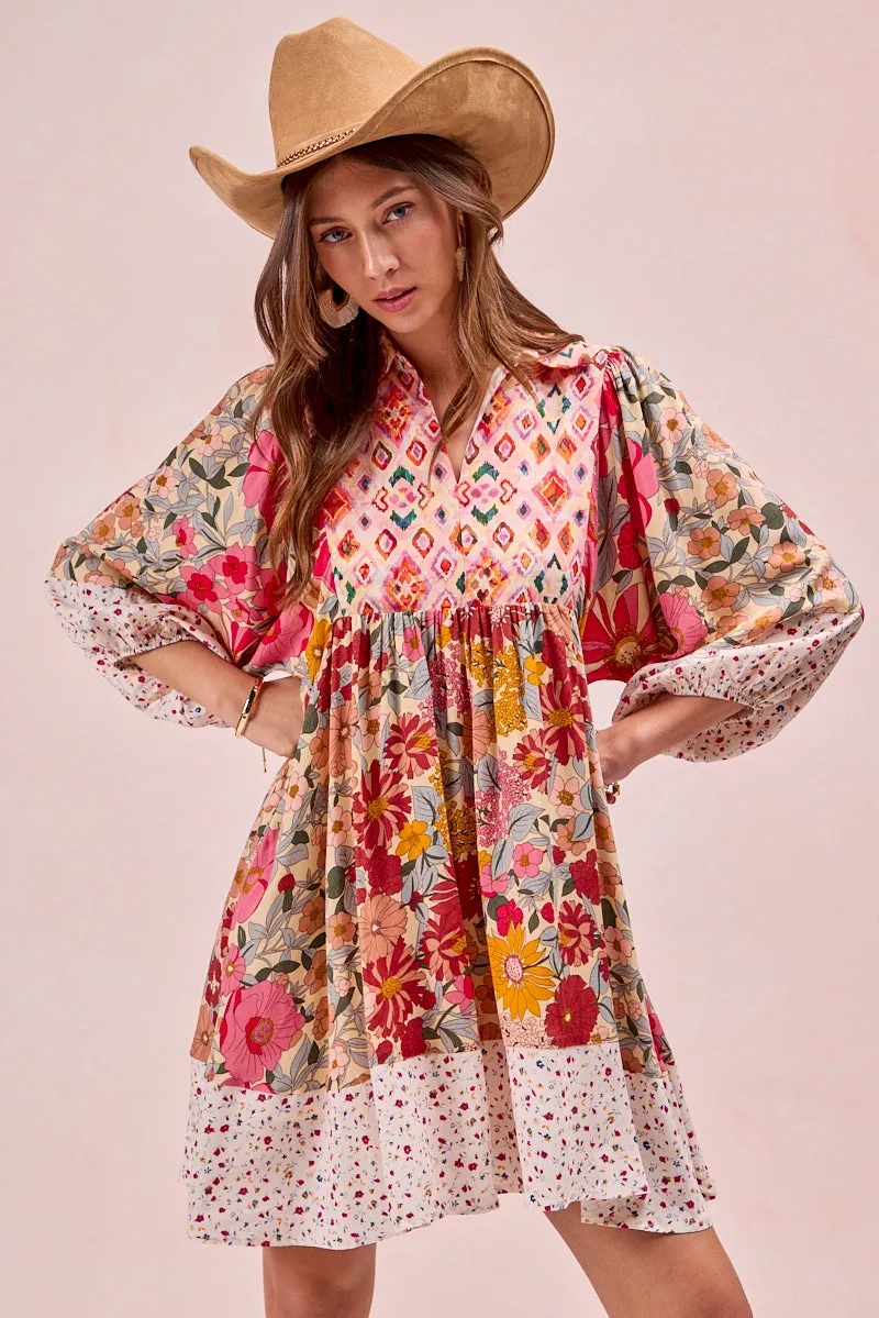 ID2000R-02 | PRINT MIX AND MATCH BUBBLE SLEEVE DRESS Easy Wear Contoured Silhouette