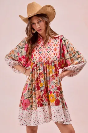 ID2000R-02 | PRINT MIX AND MATCH BUBBLE SLEEVE DRESS Easy Wear Contoured Silhouette