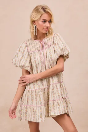 Layer Essential Piece Wrinkle Free Texture ID2008R-01 | FLORAL PRINTED CONTRAST BINDING DETAIL FRONT TIED BALLON SLEEVES WITH SIDE POCKET DRESS