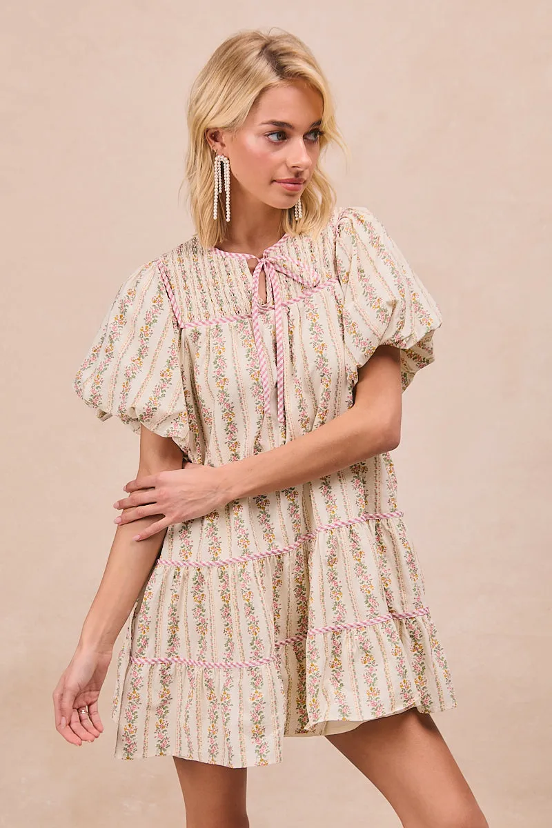 Layer Essential Piece Wrinkle Free Texture ID2008R-01 | FLORAL PRINTED CONTRAST BINDING DETAIL FRONT TIED BALLON SLEEVES WITH SIDE POCKET DRESS