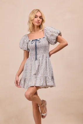 ID2009R-01 | FLROAL STRIPED WOVEN FRONT BOW TIED BALLON SLEEVES SQUARE NECK DRESS Storm Ready Gear