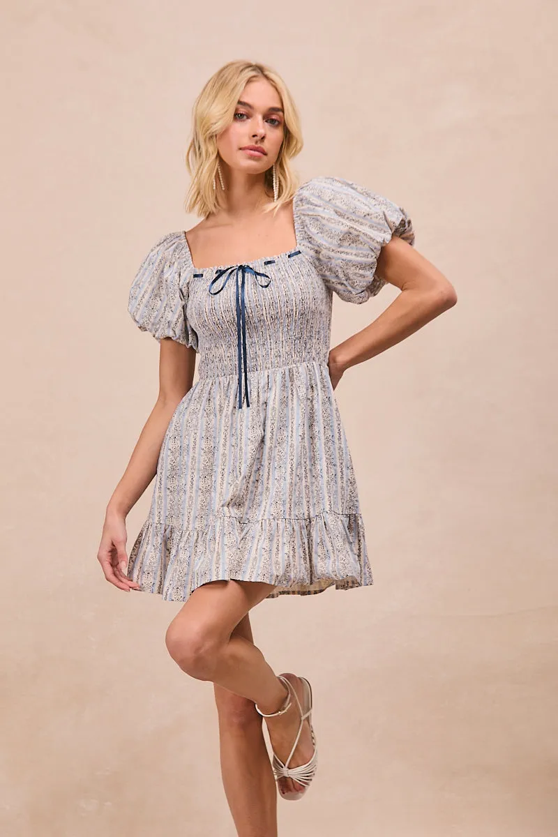 ID2009R-01 | FLROAL STRIPED WOVEN FRONT BOW TIED BALLON SLEEVES SQUARE NECK DRESS Storm Ready Gear