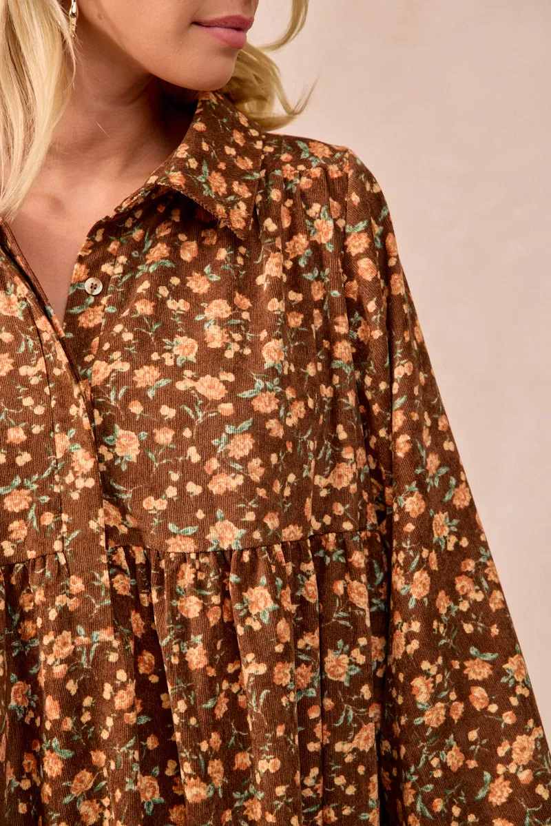 ID2029G-07 | FLORAL PRINTED SHIRRING BUTTONED SHIRT DRESS Wrinkle Free Material