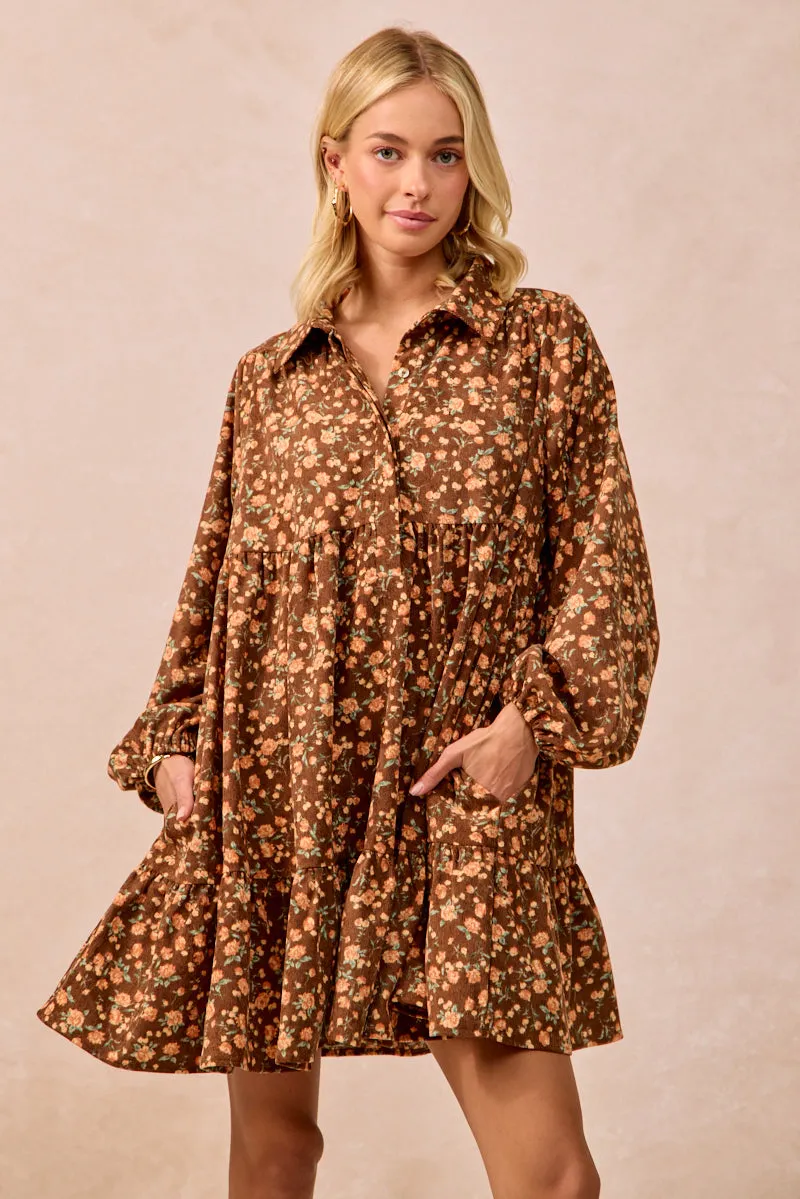 Multi Directional Stretch ID2029G-07 | FLORAL PRINTED SHIRRING BUTTONED SHIRT DRESS