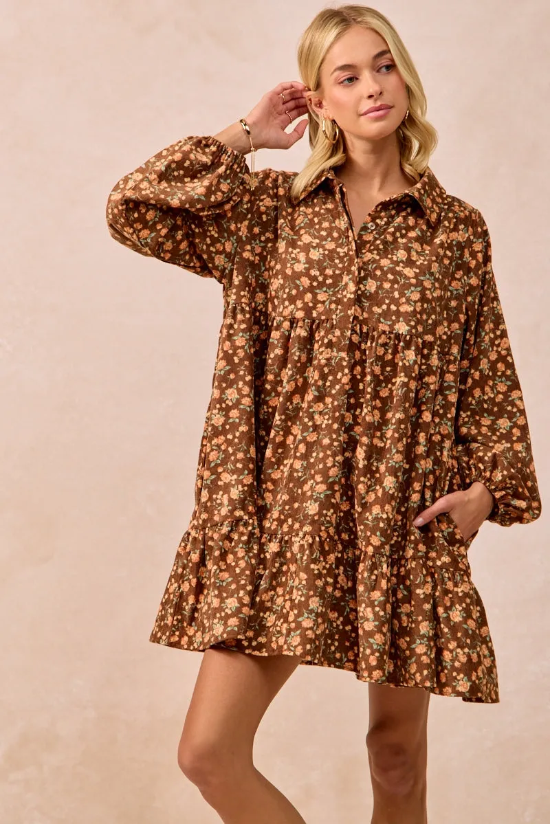 Double Layer Protection Compressed Packing Design ID2029G-07 | FLORAL PRINTED SHIRRING BUTTONED SHIRT DRESS