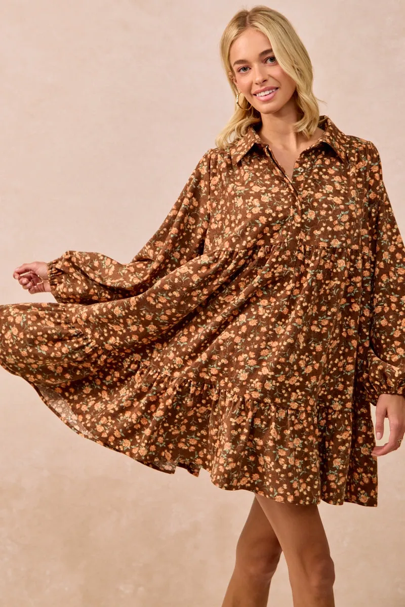 Water resistant coating Fleece Lined Interior ID2029G-07 | FLORAL PRINTED SHIRRING BUTTONED SHIRT DRESS