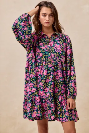 Tall Length Casual Edge ID2029G-14 | FLORAL PRINT SHIRRING BUTTONED TIERED SHIRT DRESS