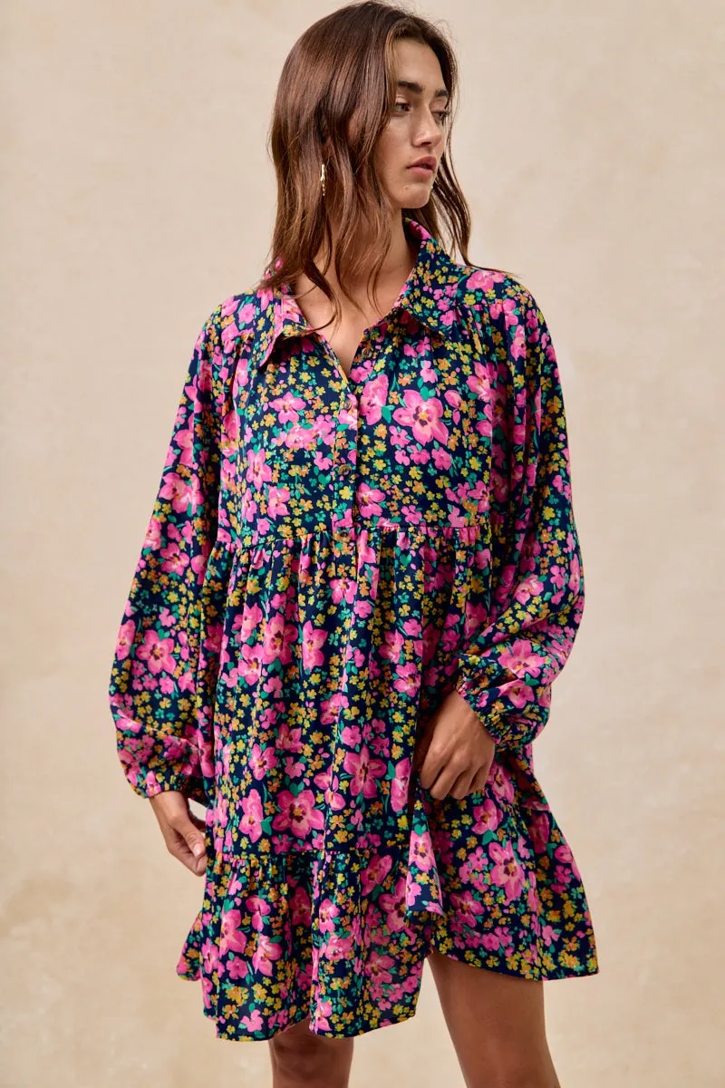 Work Comfort Petite Fit ID2029G-14 | FLORAL PRINT SHIRRING BUTTONED TIERED SHIRT DRESS