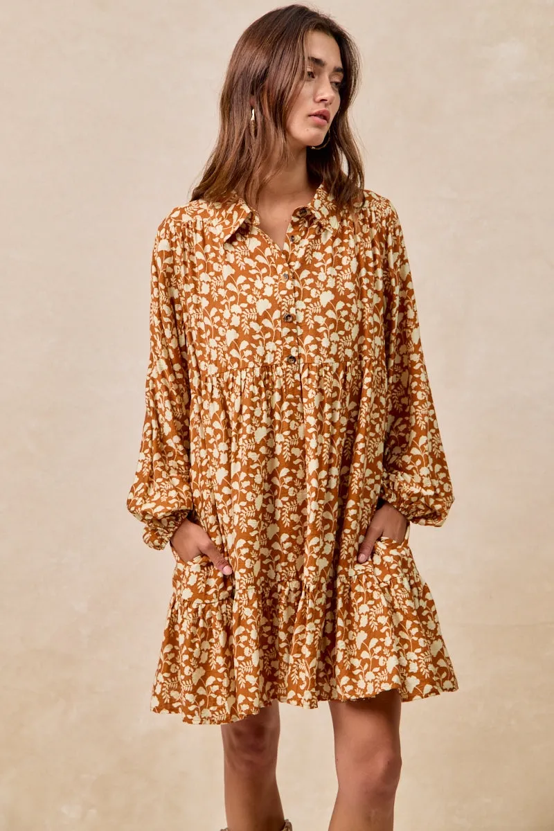 ID2029G-18 | FLORAL PRINT SHIRRING HALF BUTTONED TIERED SHIRT DRESS Glove Friendly Cuff Design