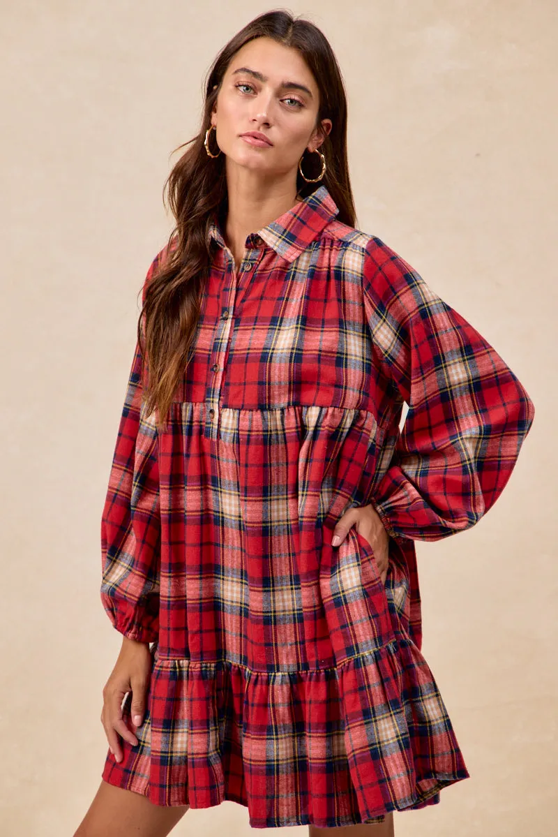 AllDayCompression Breathable Design ID2029S-19 | PLAID WOVEN SHRRING BUTTONED TIERED SHIRT DRESS