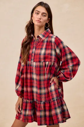 ID2029S-19 | PLAID WOVEN SHRRING BUTTONED TIERED SHIRT DRESS SoftTouchTexture