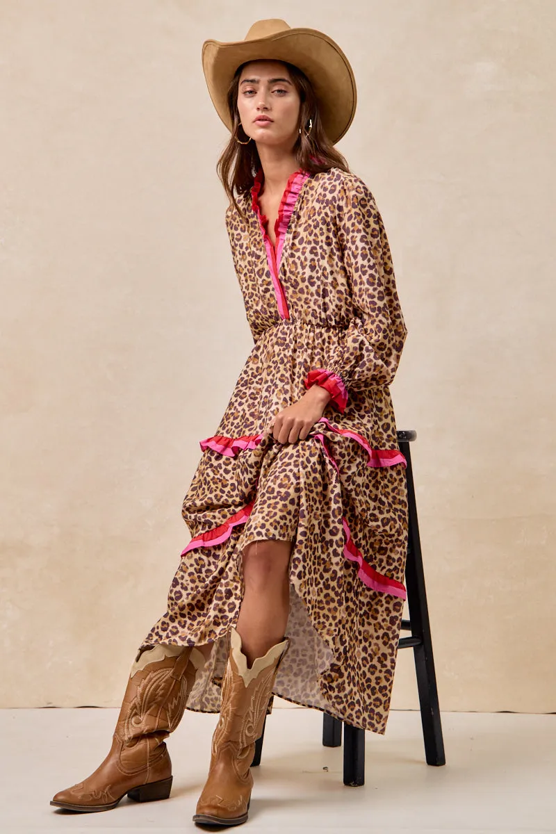 TearResistantMaterial Form Fitting ID2047-01 | LEOPARD PRINTED MIDI DRESS WITH STRIPE EDGED