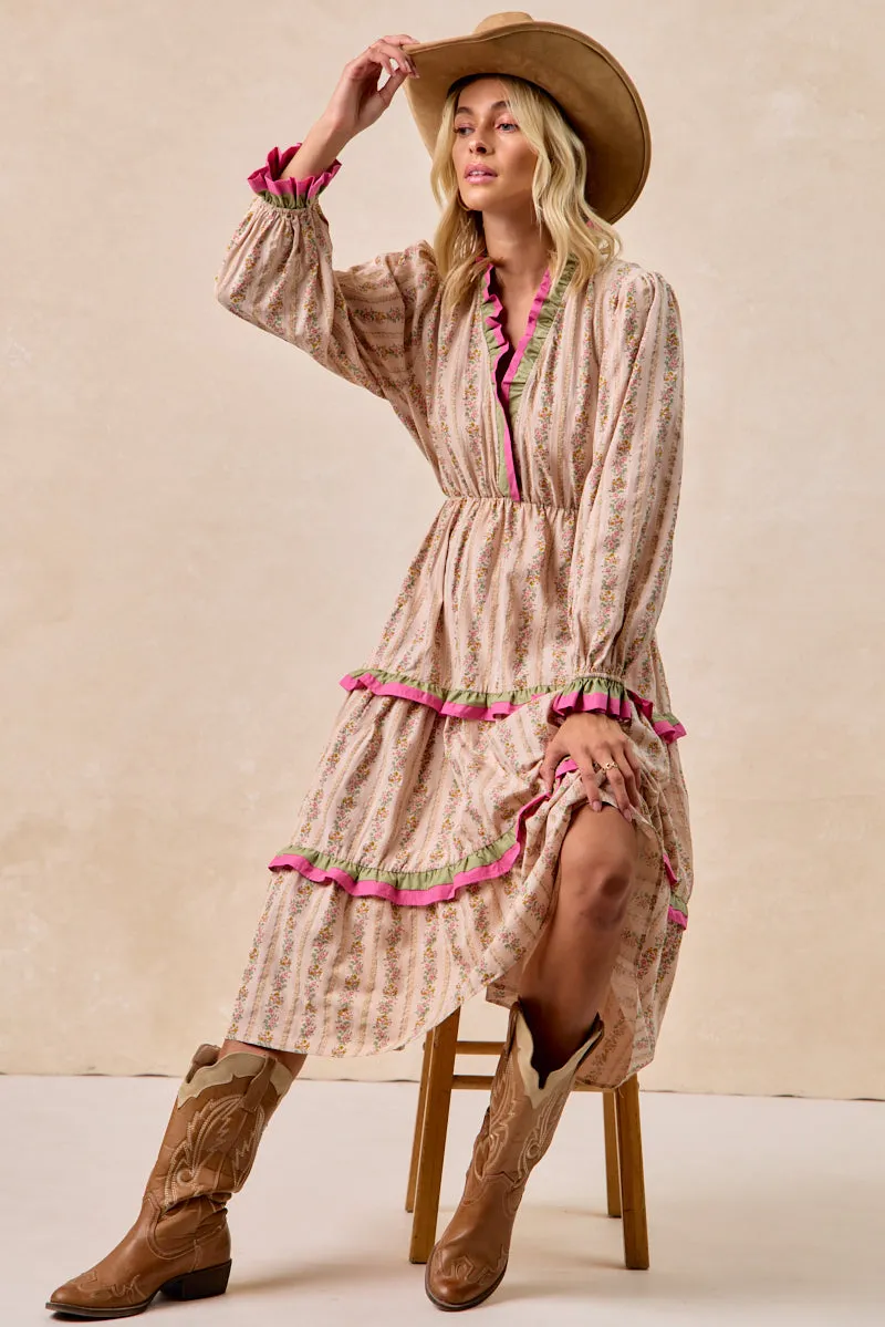 Plaid detail Classy Fit ID2047G-02 | FLORAL STRIPES PRINTED MIDI DRESS WITH RUFFLE EDGE