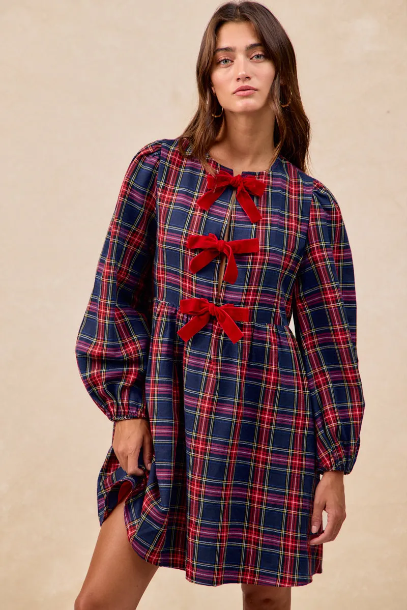 Form Fit Event Favorite ID2052S-01 | CHRISTMAS PLAID FRONT VELVET TIED DRESS