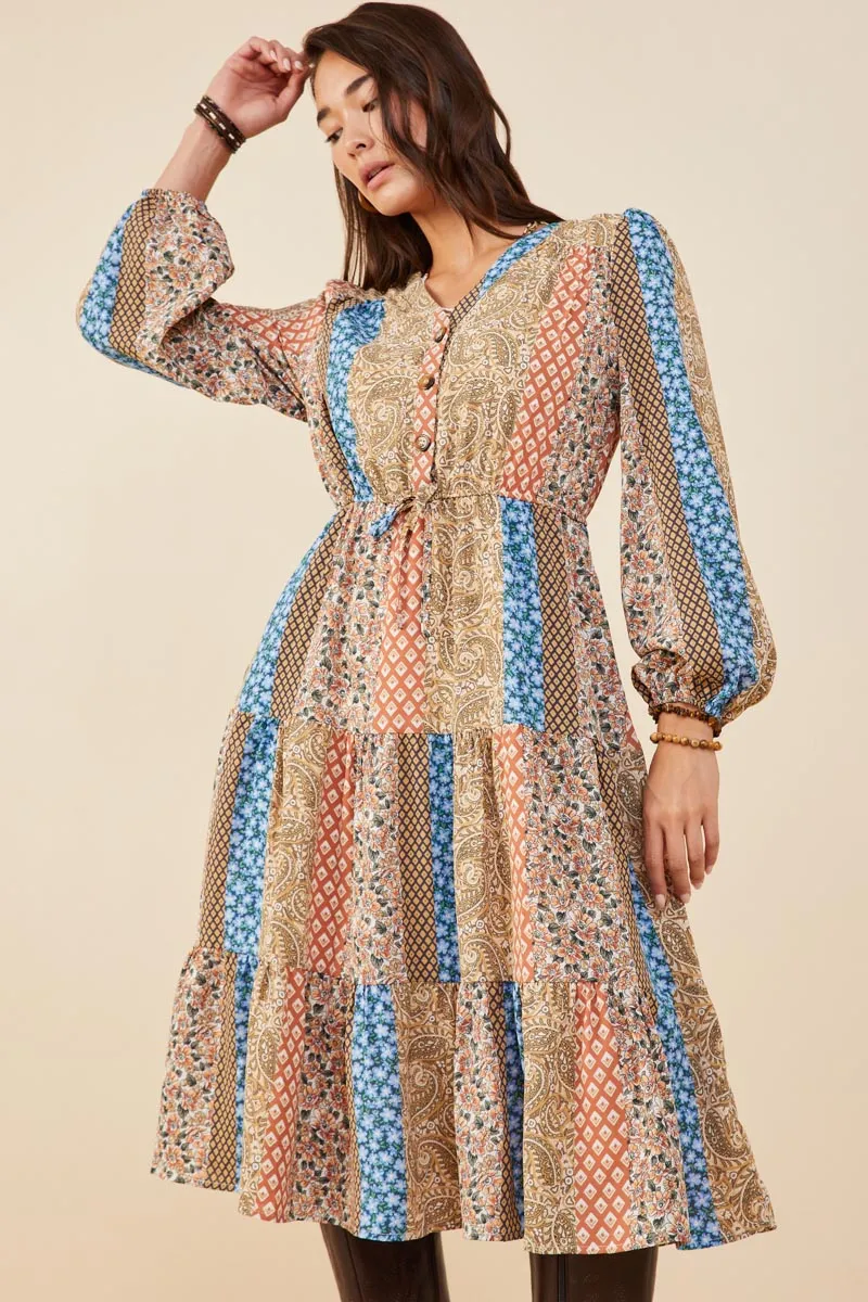 Print Blocked Button Detail Tiered Dress Delicate Lines Fresh Look