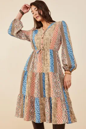 Print Blocked Button Detail Tiered Dress Nature Glow Adjustable-Straps