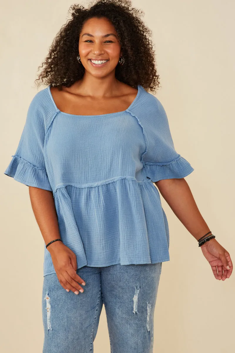 HighStretch Water Repellent Finish Washed Gauze Textured Fray Detail Top