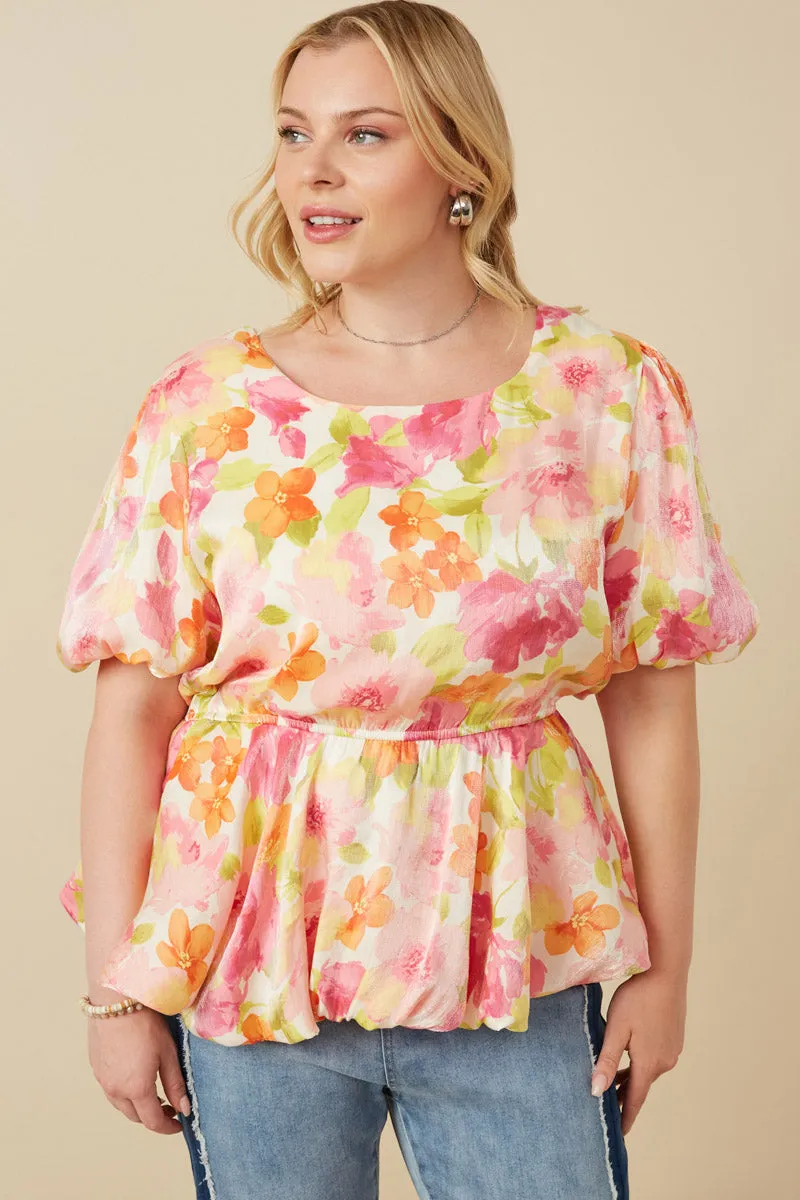 Satin Soft Floral Bubble Hem Foiled Peplum Top Classic Cut