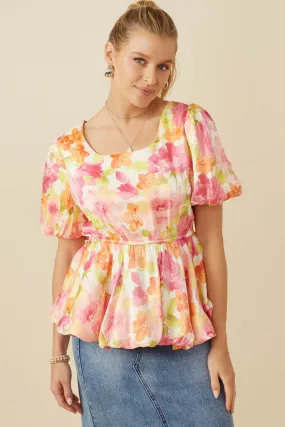 Satin Soft Floral Bubble Hem Foiled Peplum Top ReinforcedShoulderConstruction