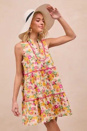 ID1941R-01P | FLORAL PRINTED SCALLOP TRIM DETAIL SLEEVELESS V NECK DRESS Recycled Polyester