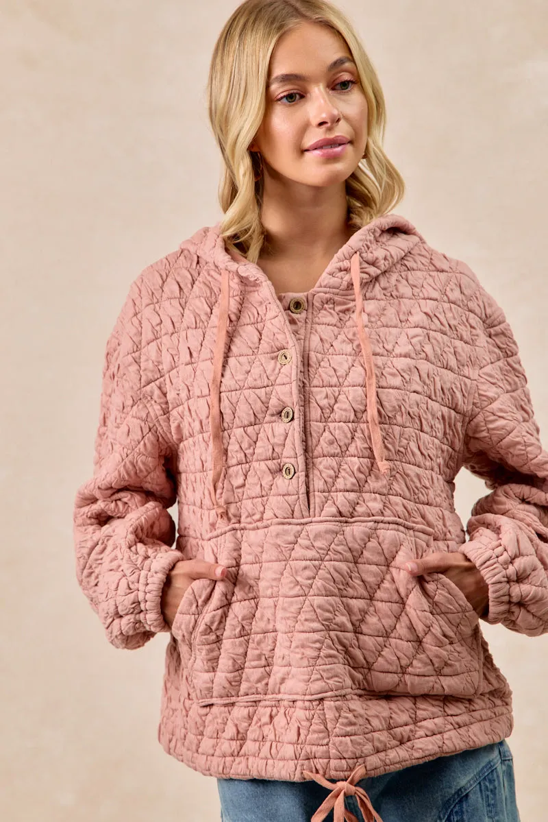 Micro Perforated Panels Sleek Layer Fit IT4624S-03 | QUILITING KNIT BUTTONED HOODIE TOP WITH POCKET