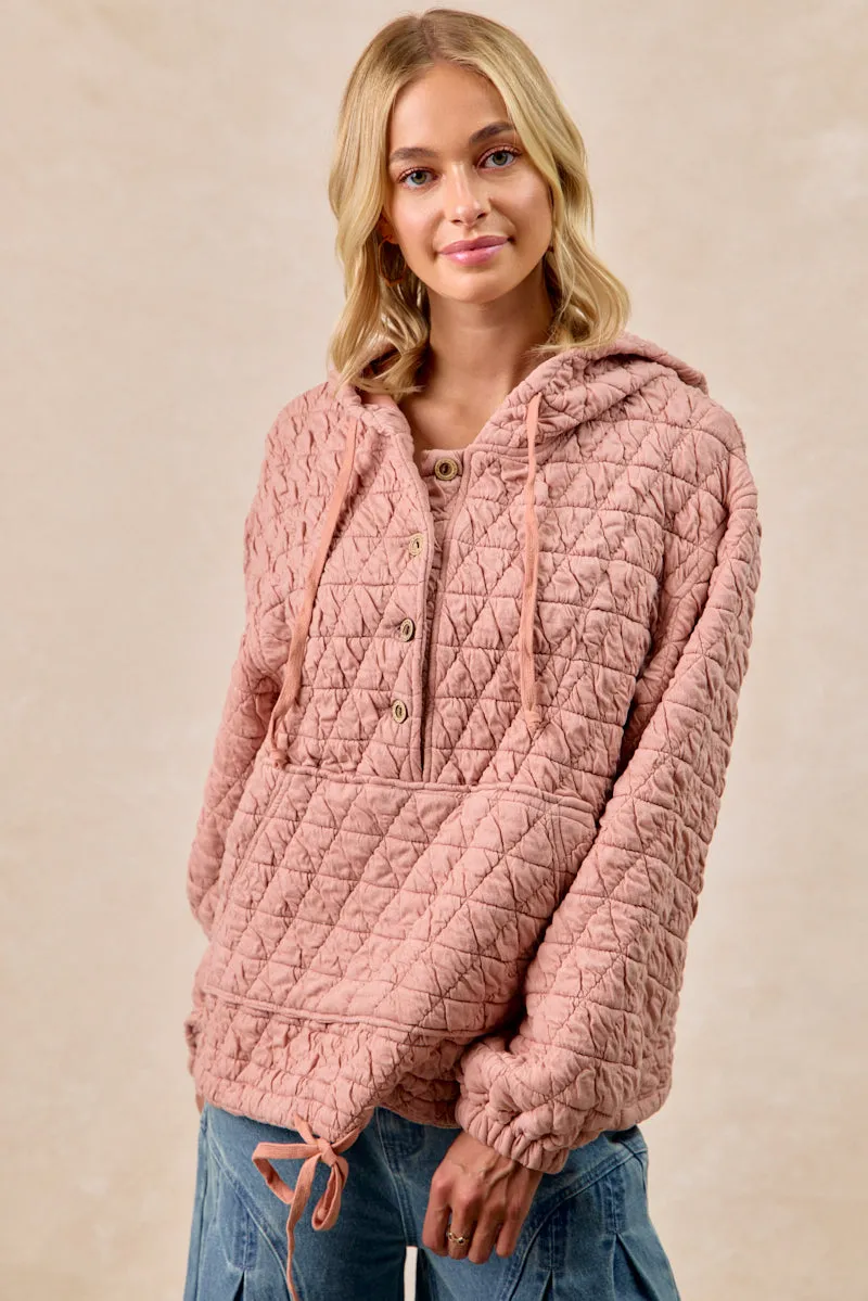 IT4624S-03 | QUILITING KNIT BUTTONED HOODIE TOP WITH POCKET Stretch Comfort Design Hypoallergenic Lining