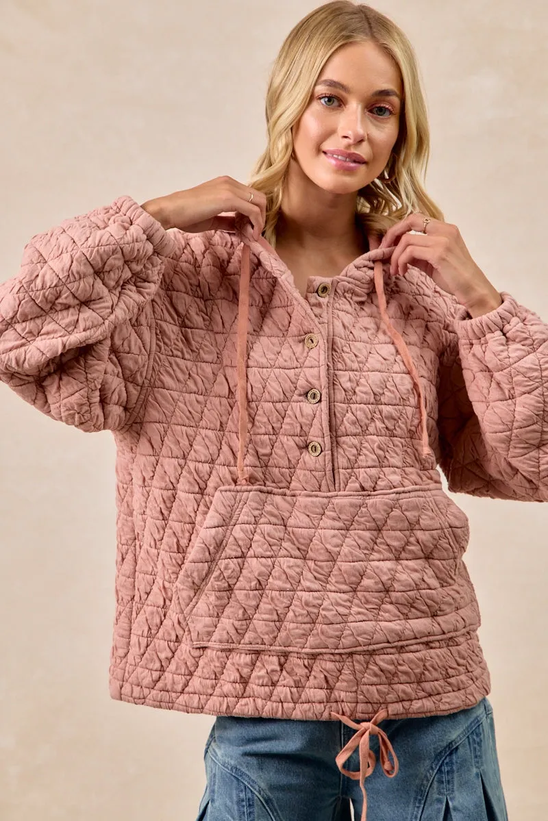 IT4624S-03 | QUILITING KNIT BUTTONED HOODIE TOP WITH POCKET Eco Friendly Dye