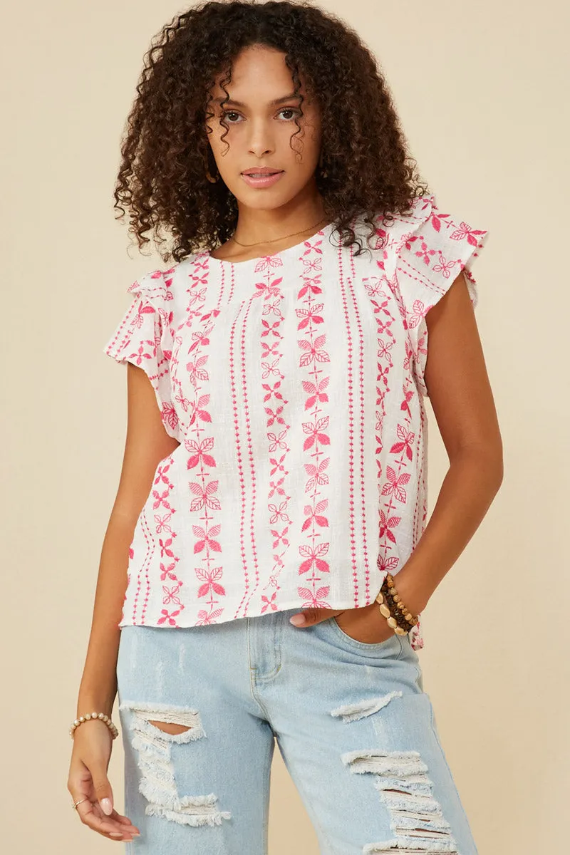 EcoFriendly Manufacturing Temperature control Botanical Embroidered Layered Ruffle Top