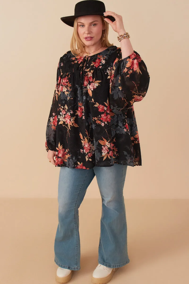 Burnout Textured Botanical Tie Front Top FrayResistant Fabric