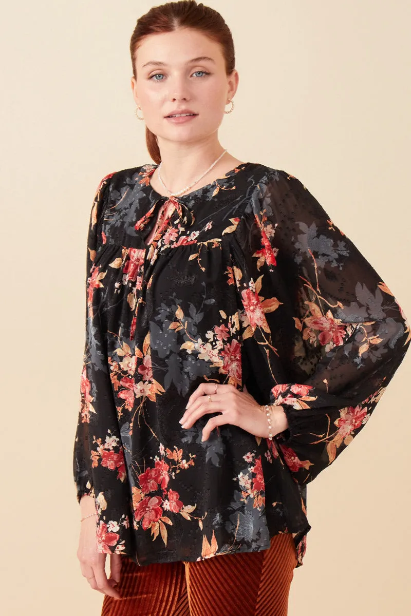 Burnout Textured Botanical Tie Front Top DropShoulder