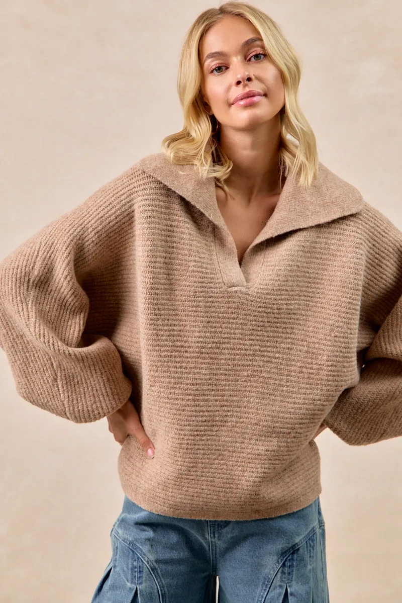 Fleece Lined Winter Ready IT4523S-01 | SOLID HACCI SWEATER COLLARED TOP