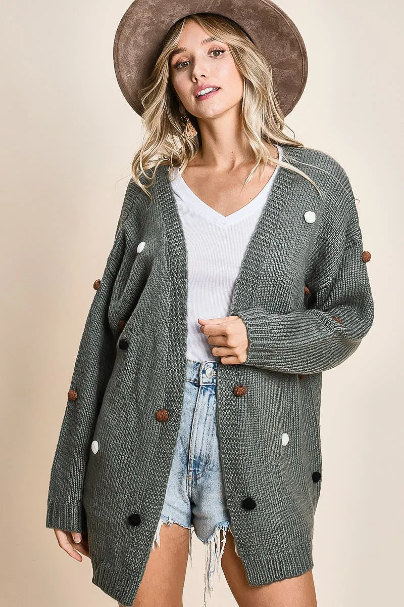 IP4187 | OPEN FRONT SWEATER CARDIGAN WITH MULTI COLOR POM Office Wear Warm Essentials