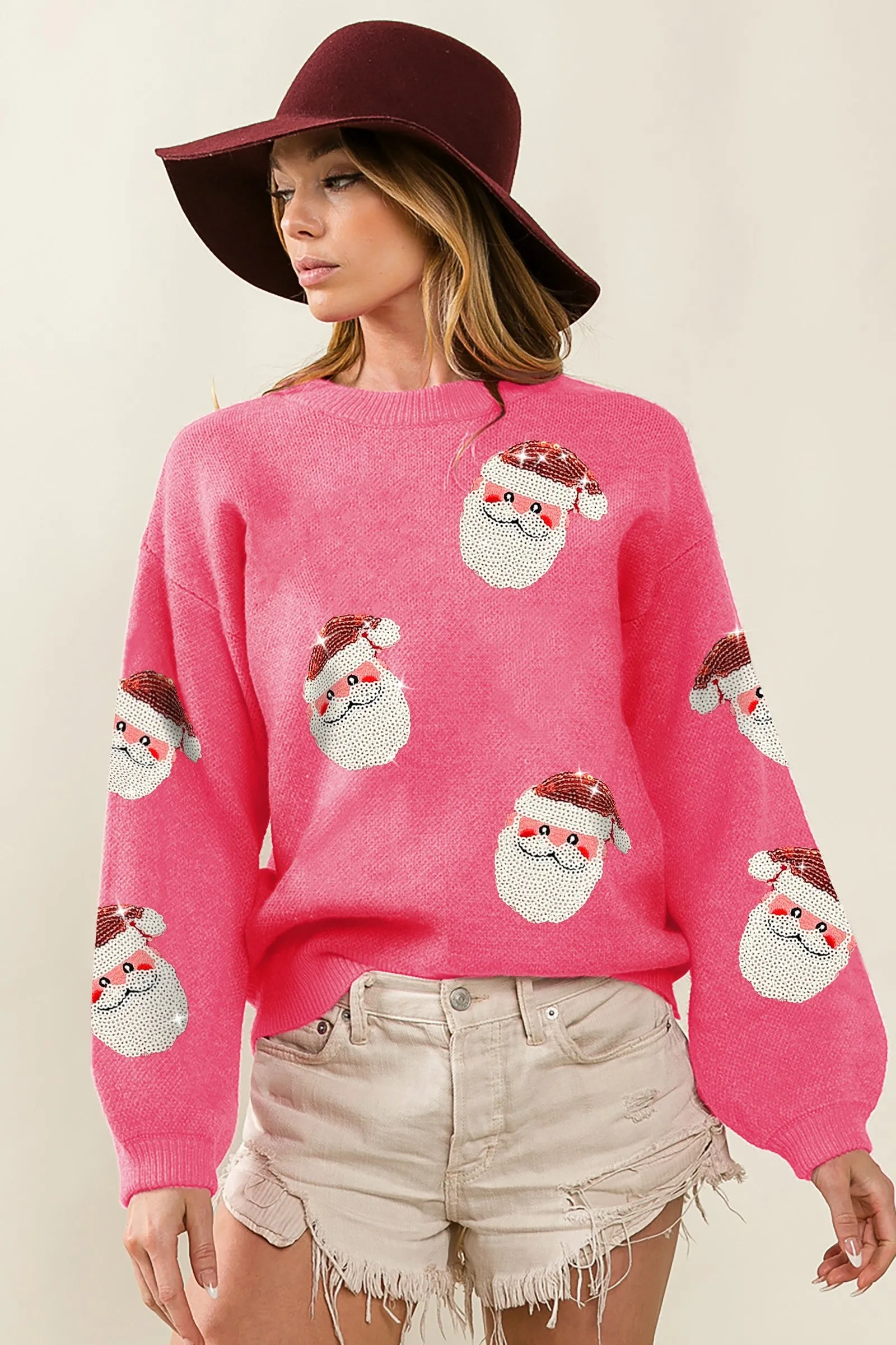 Roll-up style IP5685-32 | SEQUIN SANTA PATCHES SWEATER CHRISTMAS PULLOVER