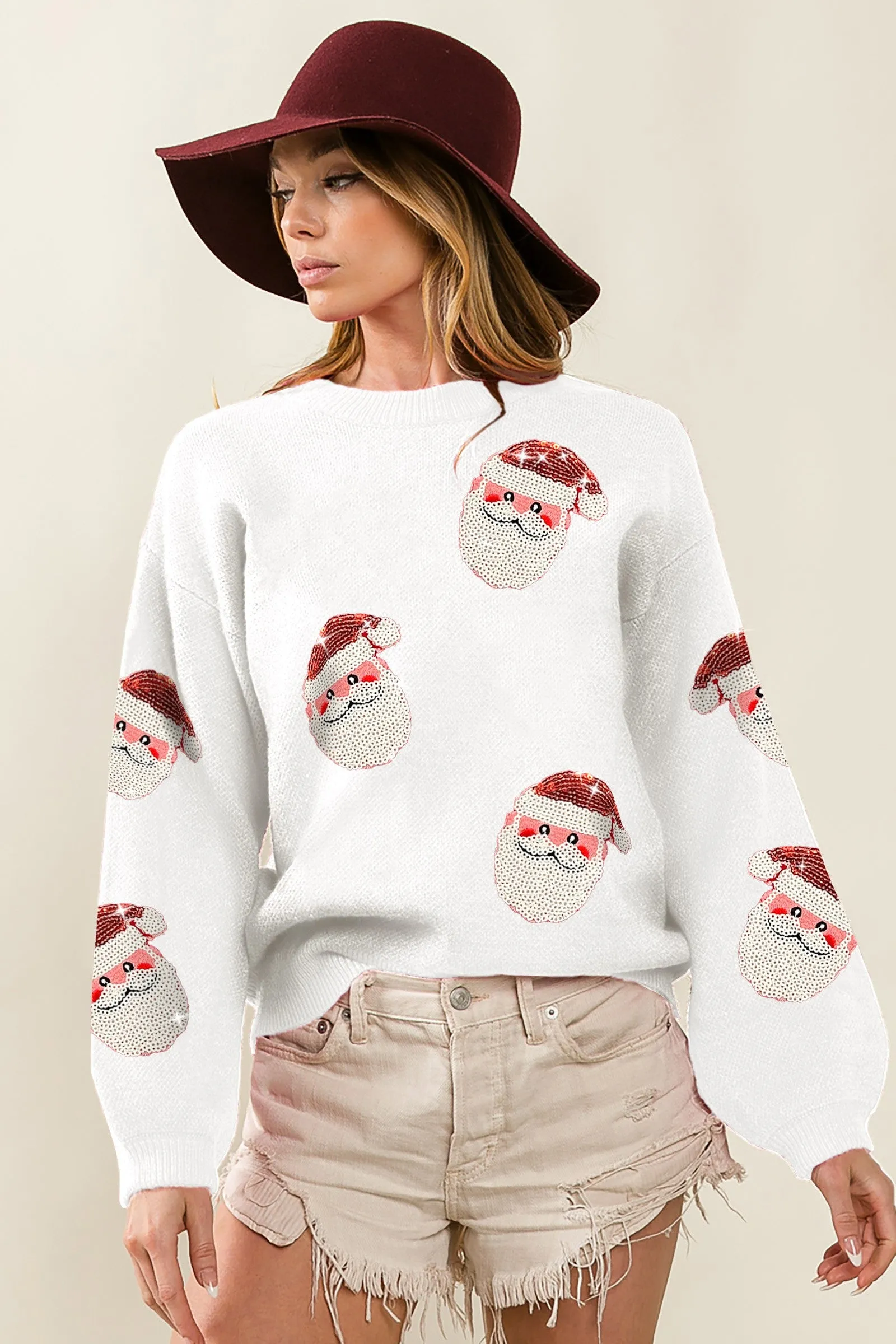 Bonded Seam Technology Layering Piece IP5685-32 | SEQUIN SANTA PATCHES SWEATER CHRISTMAS PULLOVER