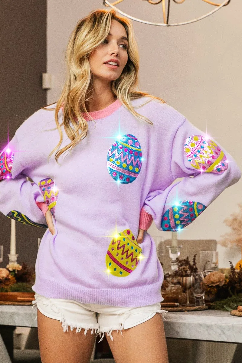 Work Friendly IP5685G-43 | SEQUIN EASTER EGGS PATCHES SWEATER TOP