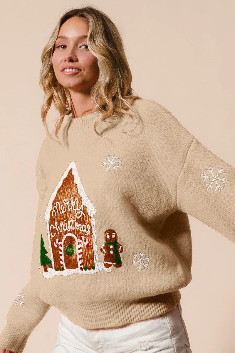 ErgonomicStitching IP5685G-69 | SEQUIN CHRISTMAS GINGERBREAD SNOWFLAKES SWEATER