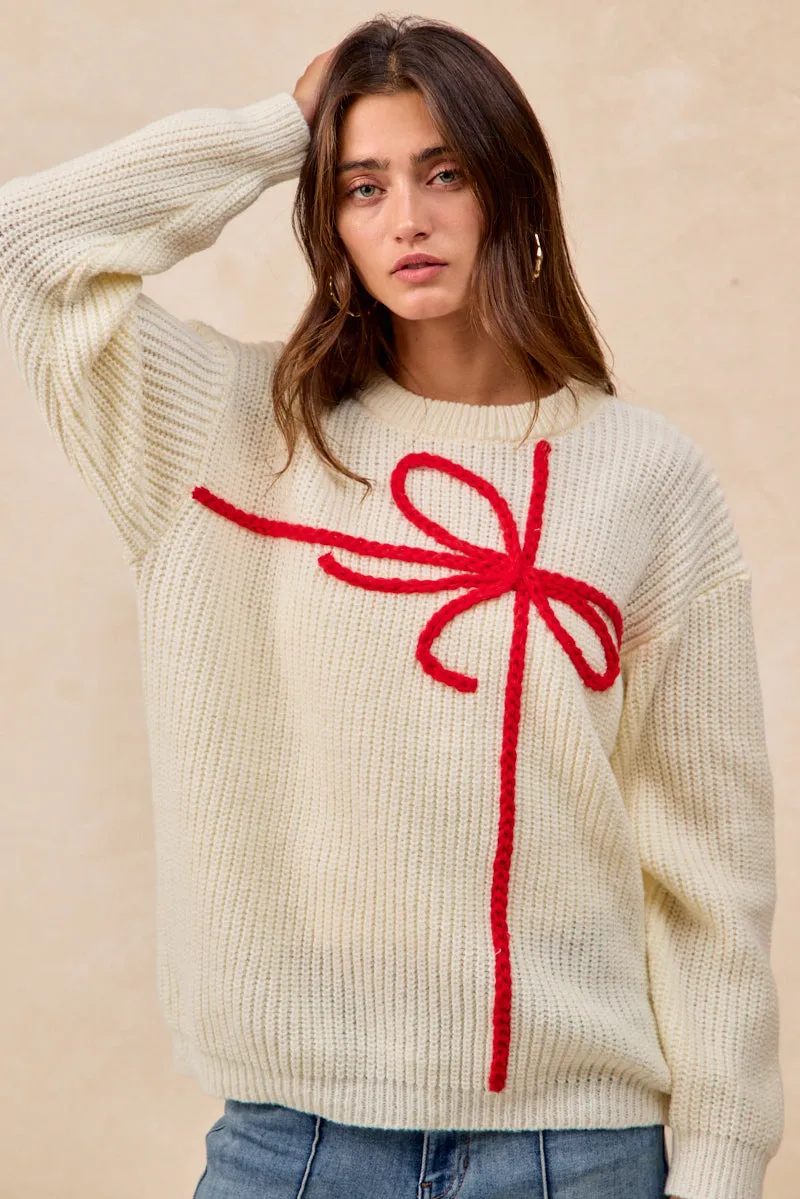 IP5685G-88 | CHRISTMAS RIBBON BOW EMBROIDERY SWEATER Soft Cotton