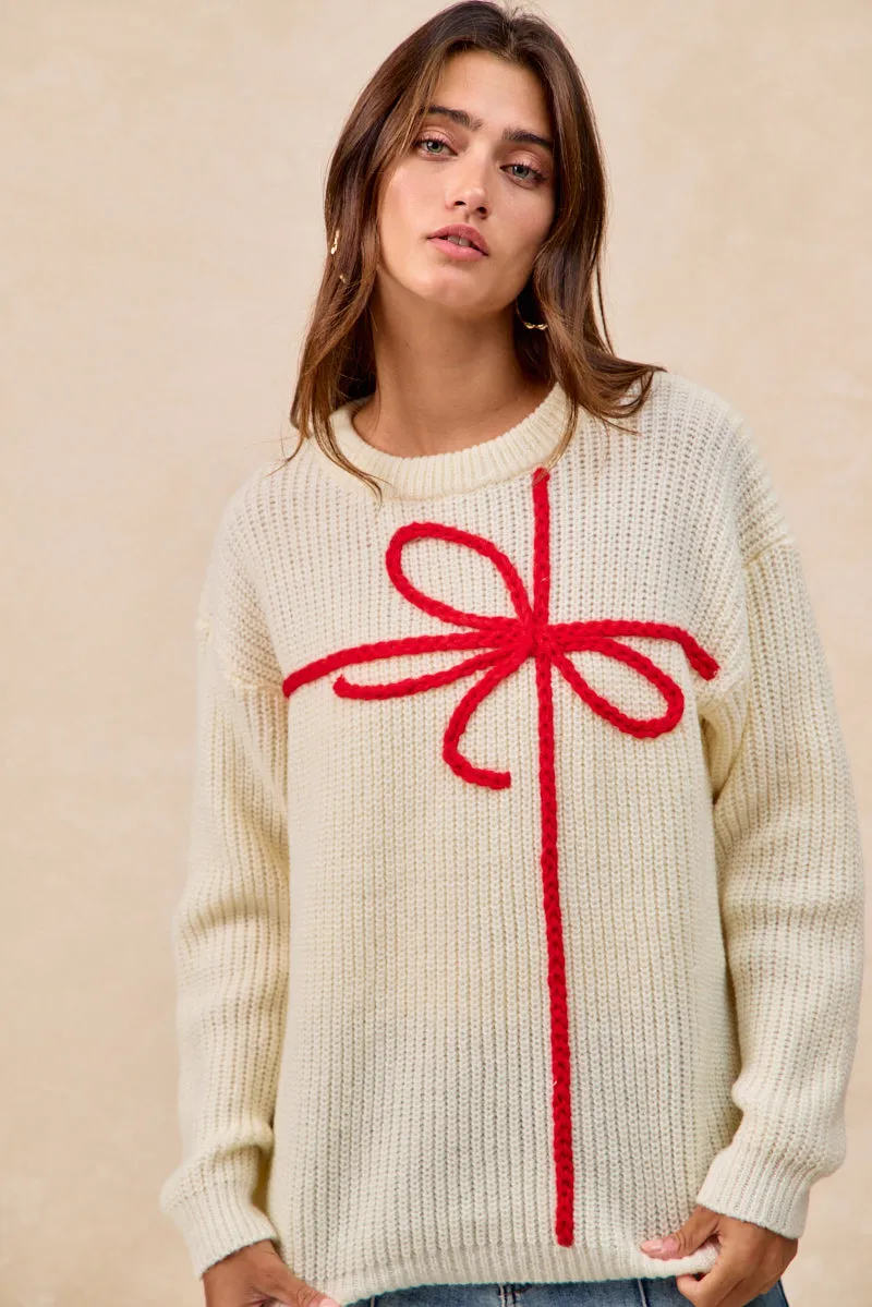 IP5685G-88 | CHRISTMAS RIBBON BOW EMBROIDERY SWEATER MultiLayer Stitching