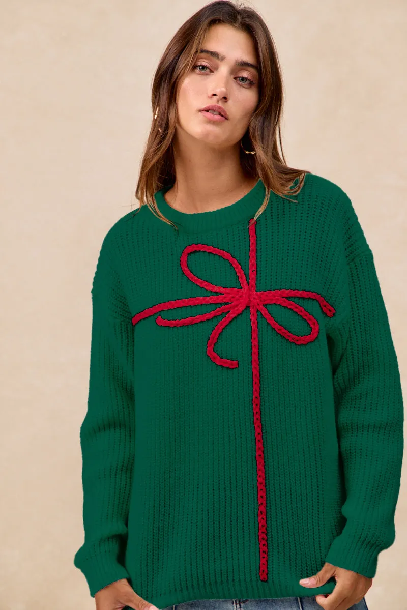 Stretch waistband IP5685G-88 | CHRISTMAS RIBBON BOW EMBROIDERY SWEATER