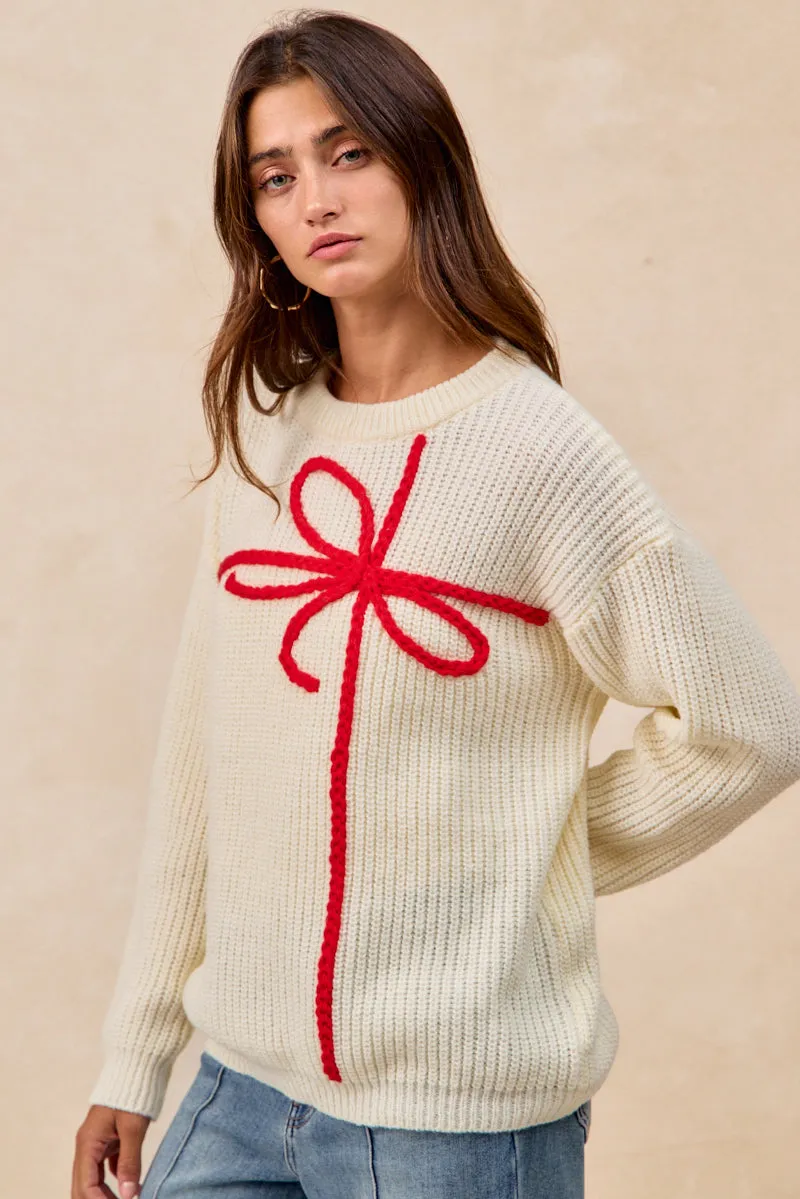IP5685G-88 | CHRISTMAS RIBBON BOW EMBROIDERY SWEATER Comfortable office piece