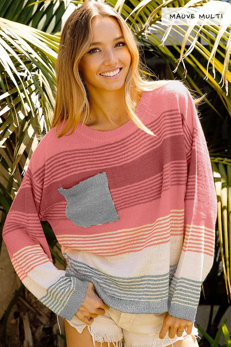 IP5702J-01 | MULTI COLOR STRIPE BLOCK SWEATER TOP FRONT POCKET Midweight Four Way Stretch