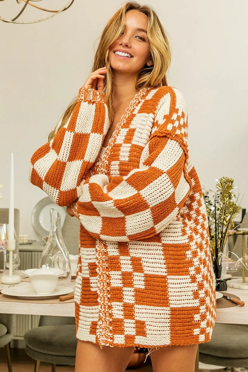 Soft Fleece Lining IP6171G-01 | MIXED CHECK PATTERN LOOSE FIT CHUNKY CARDIGAN