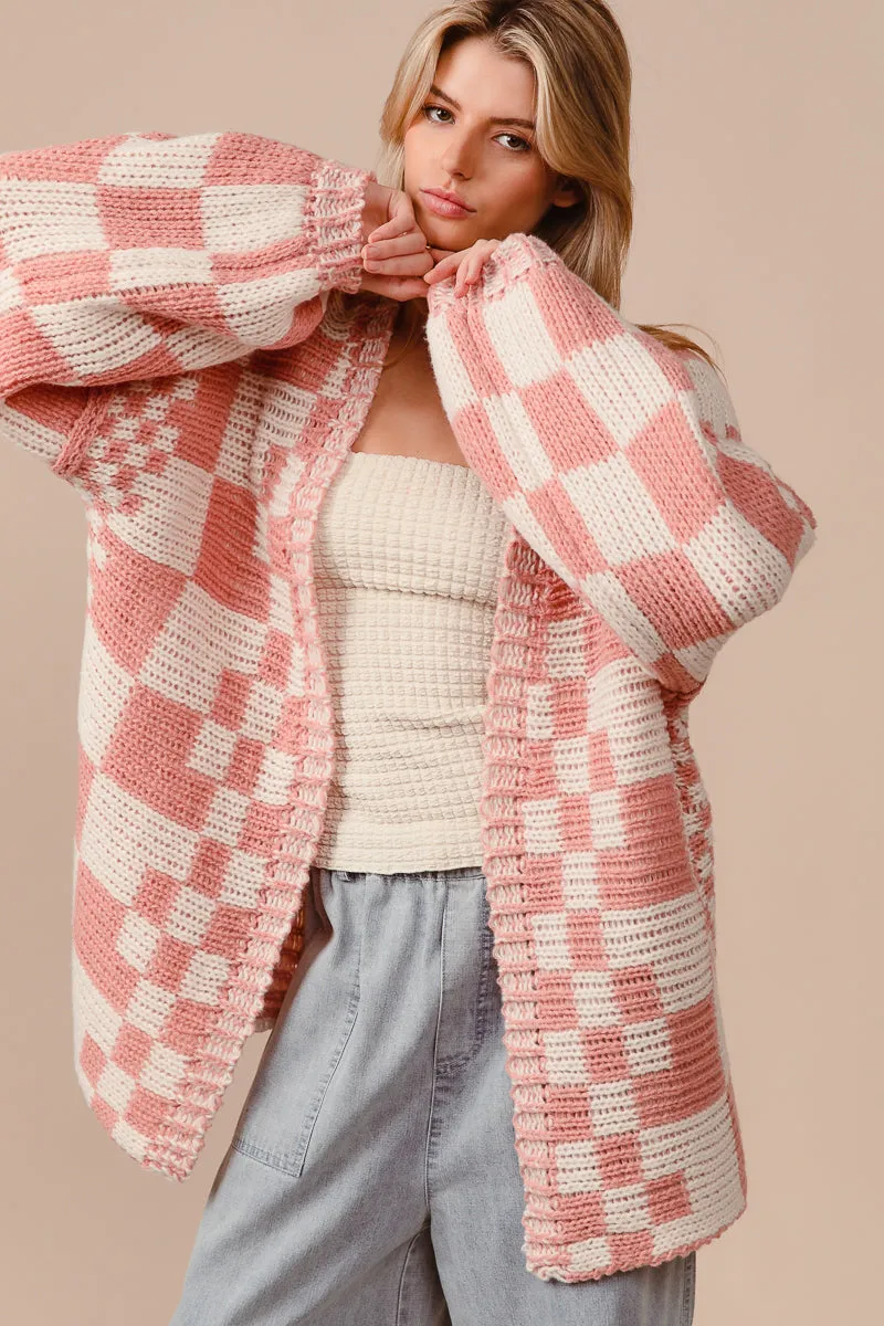 Insulated Padding Comfortable fit IP6171G-01 | MIXED CHECK PATTERN LOOSE FIT CHUNKY CARDIGAN