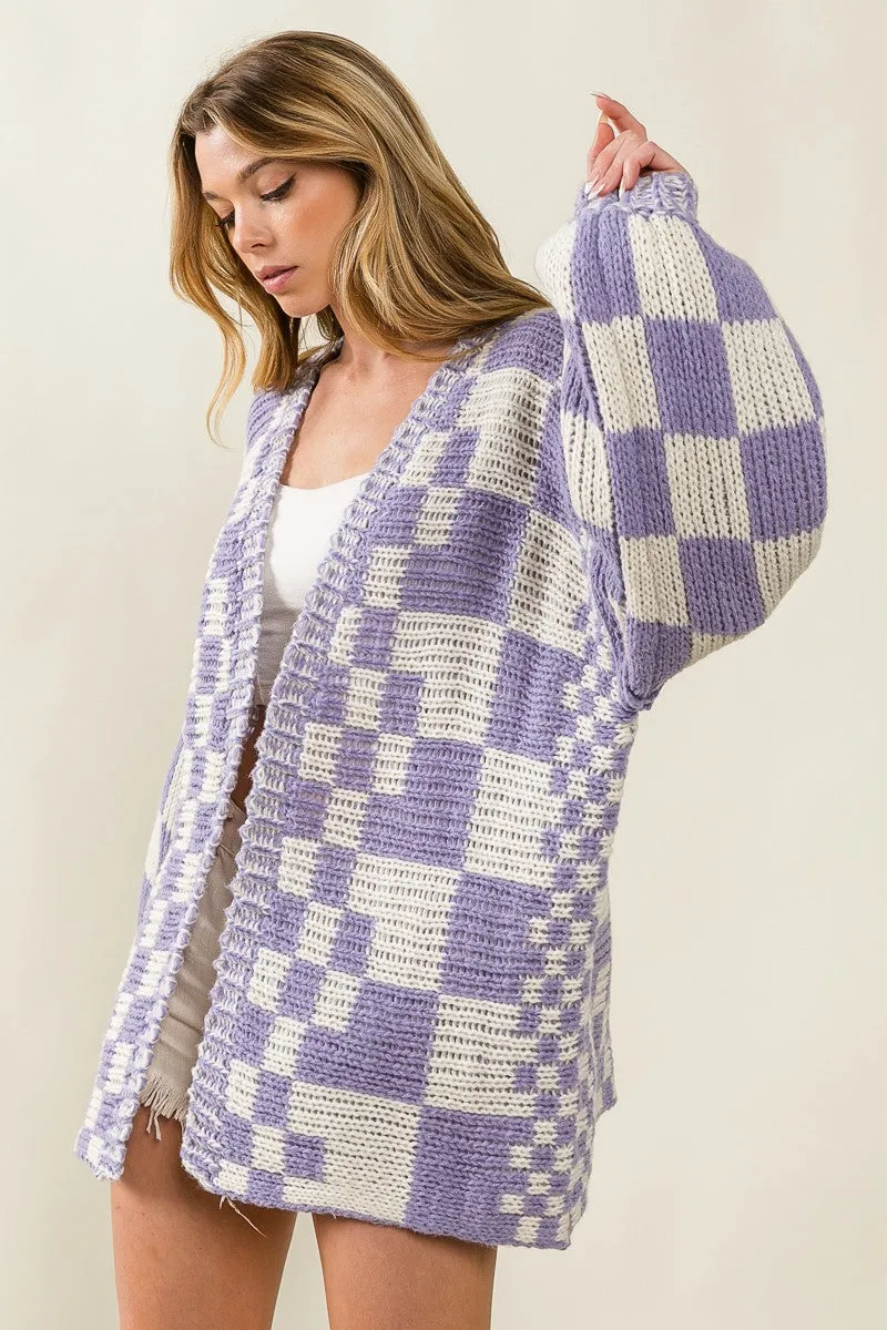 Double stitching IP6171G-01 | MIXED CHECK PATTERN LOOSE FIT CHUNKY CARDIGAN