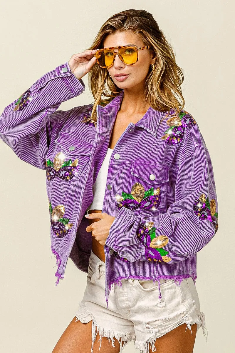 SecureZipperClosures Modern Cut IP6187-20 | MARDI GRAS SEQUIN PATCHES WASHED CORDUROY JACKET