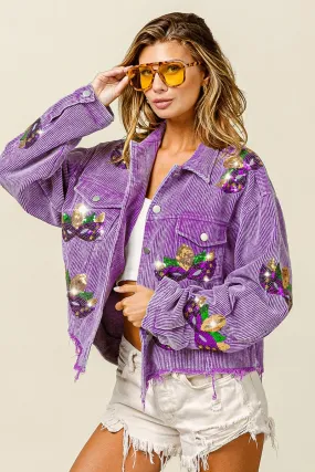 IP6187-20 | MARDI GRAS SEQUIN PATCHES WASHED CORDUROY JACKET Polite Vibe Sunset Hour