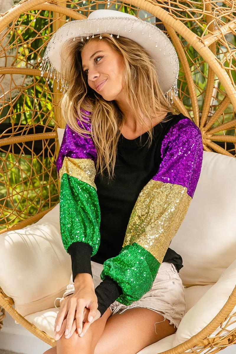 Basic Tee Hydrophobic Threadwork IP6193J-02 | MARDI GRAS COLOR BLOCK SEQUINS SLEEVE KNIT TOP