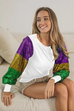Modern Look Tactile Soft Texture IP6193J-02 | MARDI GRAS COLOR BLOCK SEQUINS SLEEVE KNIT TOP
