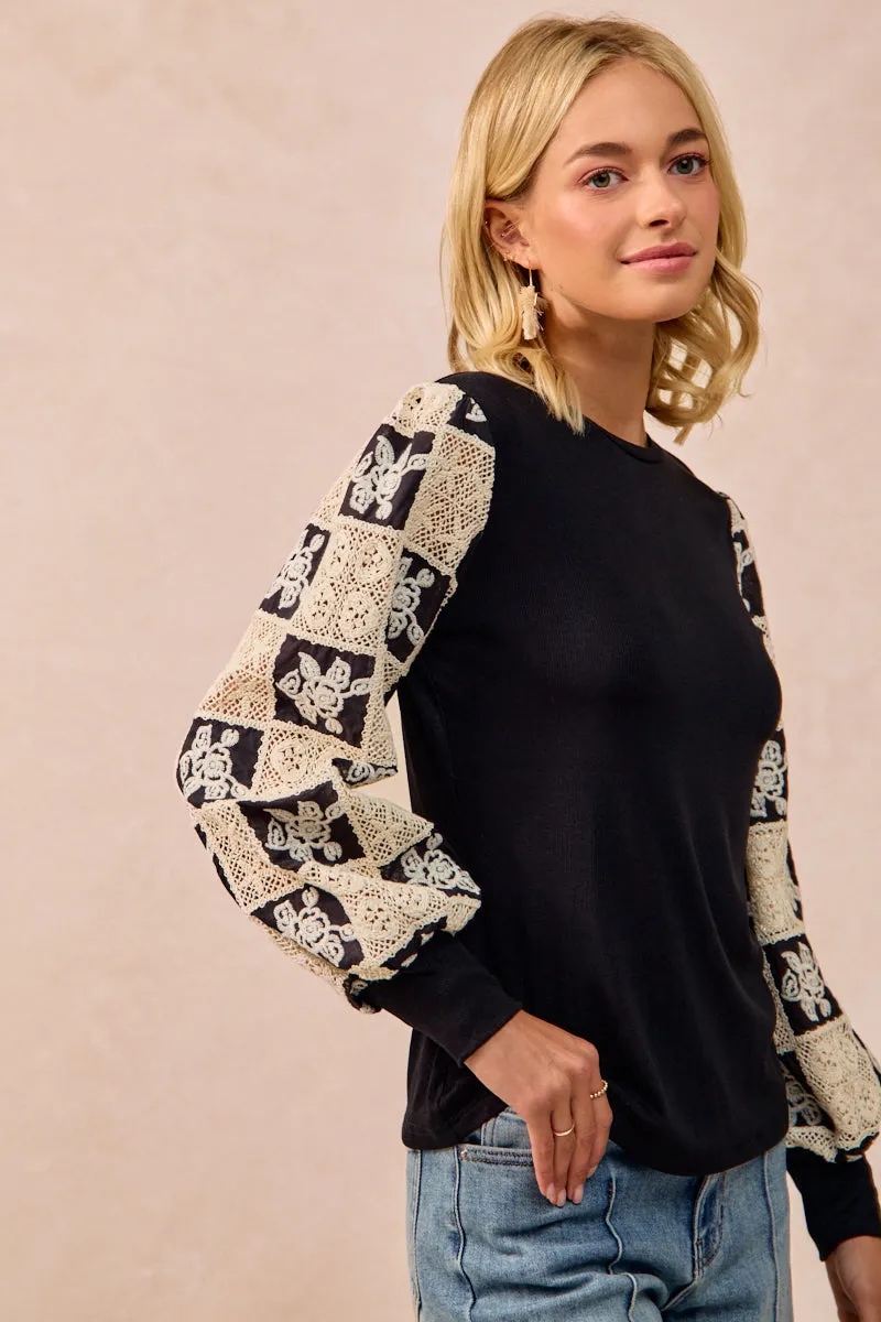 IP6193S-06 | FLOWER CROCHET BALLOON SLEEVES TOP Midweight Four Way Stretch