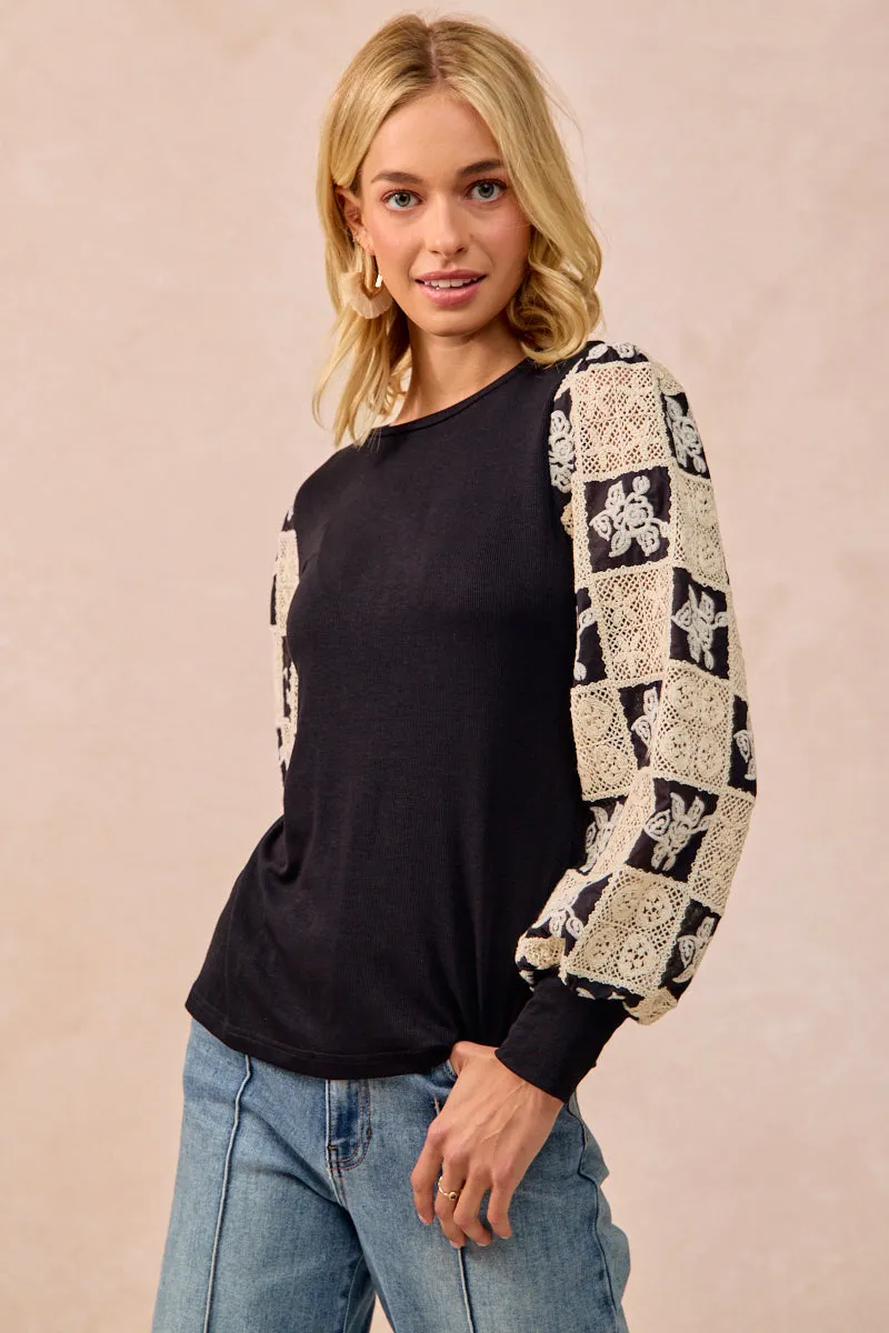 IP6193S-06 | FLOWER CROCHET BALLOON SLEEVES TOP AntiOdorTreatment